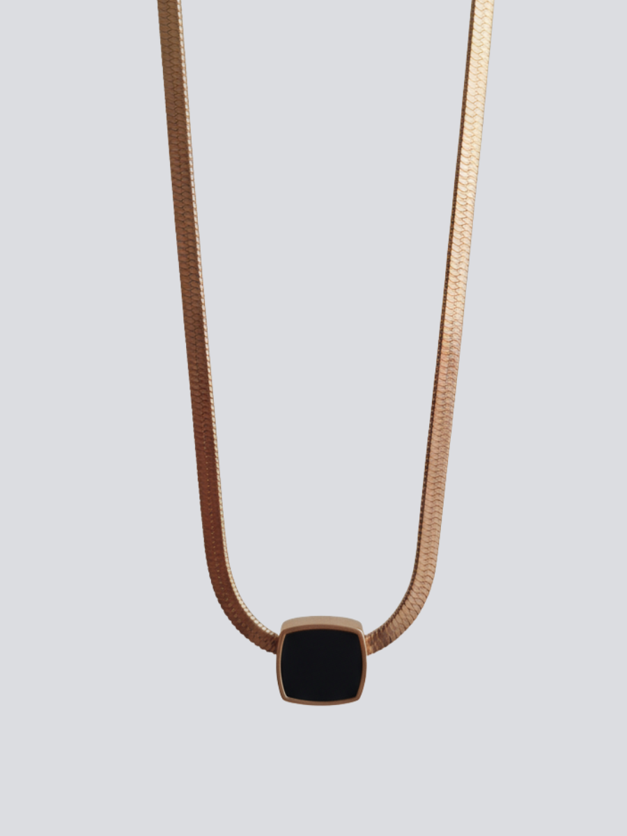 Black Square Pendant Rose Gold Snake Chain Necklace