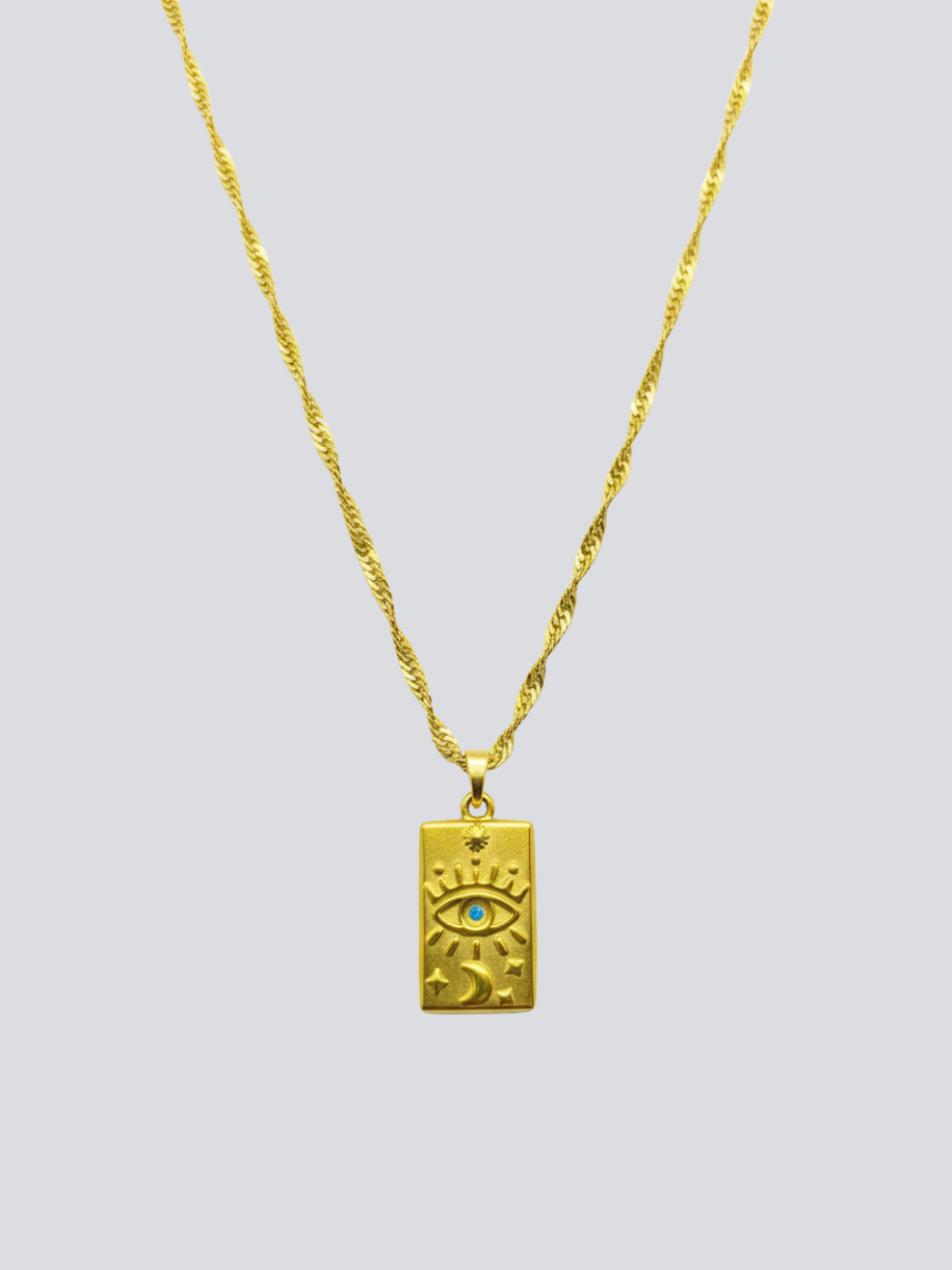 Evil Eye Rectangular Pendant Golden Chain Necklace
