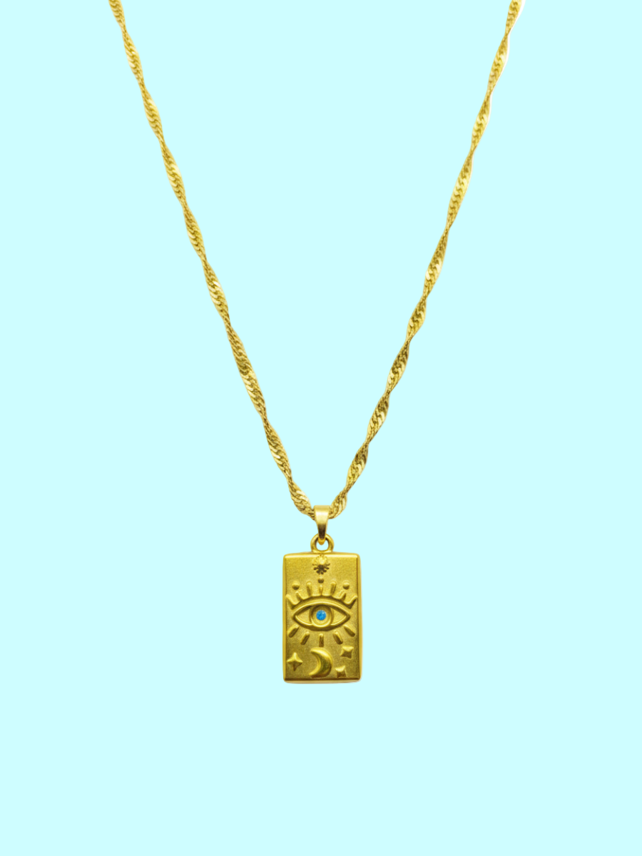 Evil Eye Rectangular Pendant Golden Chain Necklace