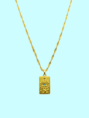 Evil Eye Rectangular Pendant Golden Chain Necklace